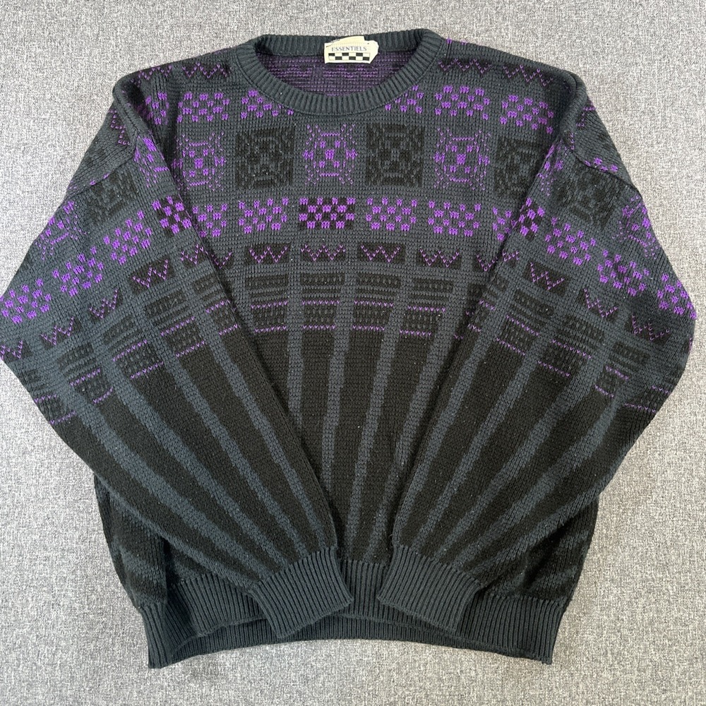 Vintage Essentials Made In Canada‎ XL Black Purple Geometric Knit Sweater Womans